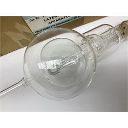 Quantity of laboratory and physics glassware including 'Guinea and Feather' equipment; boxed Latent Heat apparatus; Maltese Cross tube; atmospheric air pressure indicator flask; electroscope discharge tubes etc