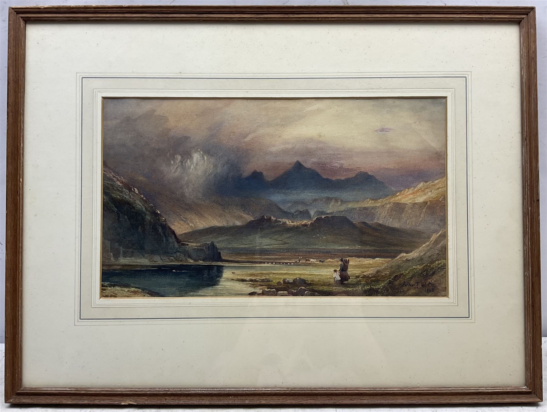 George Parr Popkin (British 1813-1899): 'Snowdon Viewed from above the Dolwyddelan Valley - Thunderstorm at Sunset', watercolour, signed with initials and titled verso (within the frame), bearing spurious later signature and date 1845 recto 25cm x 43cm