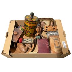 Indian bone box, leather pen tray and blotter, wooden duck, various carvings etc, in one box 