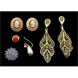 Pair of gold filigree leaf design earrings, pair of gold cameo stud earrings and oddment earrings, all 9ct stamped or tested