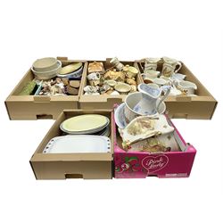 Two Poole Pottery dinner plates and a meat plate, four Copeland Spode Bermuda pattern dinner plates, Sadler jug, Keele St Pottery cottage tea wares, Torquay Motto ware, blue and white jug and bowl, two large planters and other ceramics, etc, in four boxes 