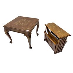 Italian marquetry design coffee table, square top with brass and copper foliate inlays, raised on cabriole supports (W56cm H48cm); and matching magazine rack table (W52cm H45cm)