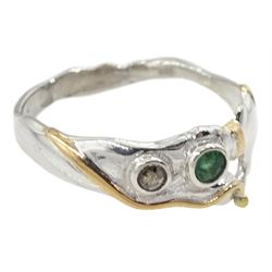 Silver and 14ct gold wire emerald and diamond ring, stamped 925 