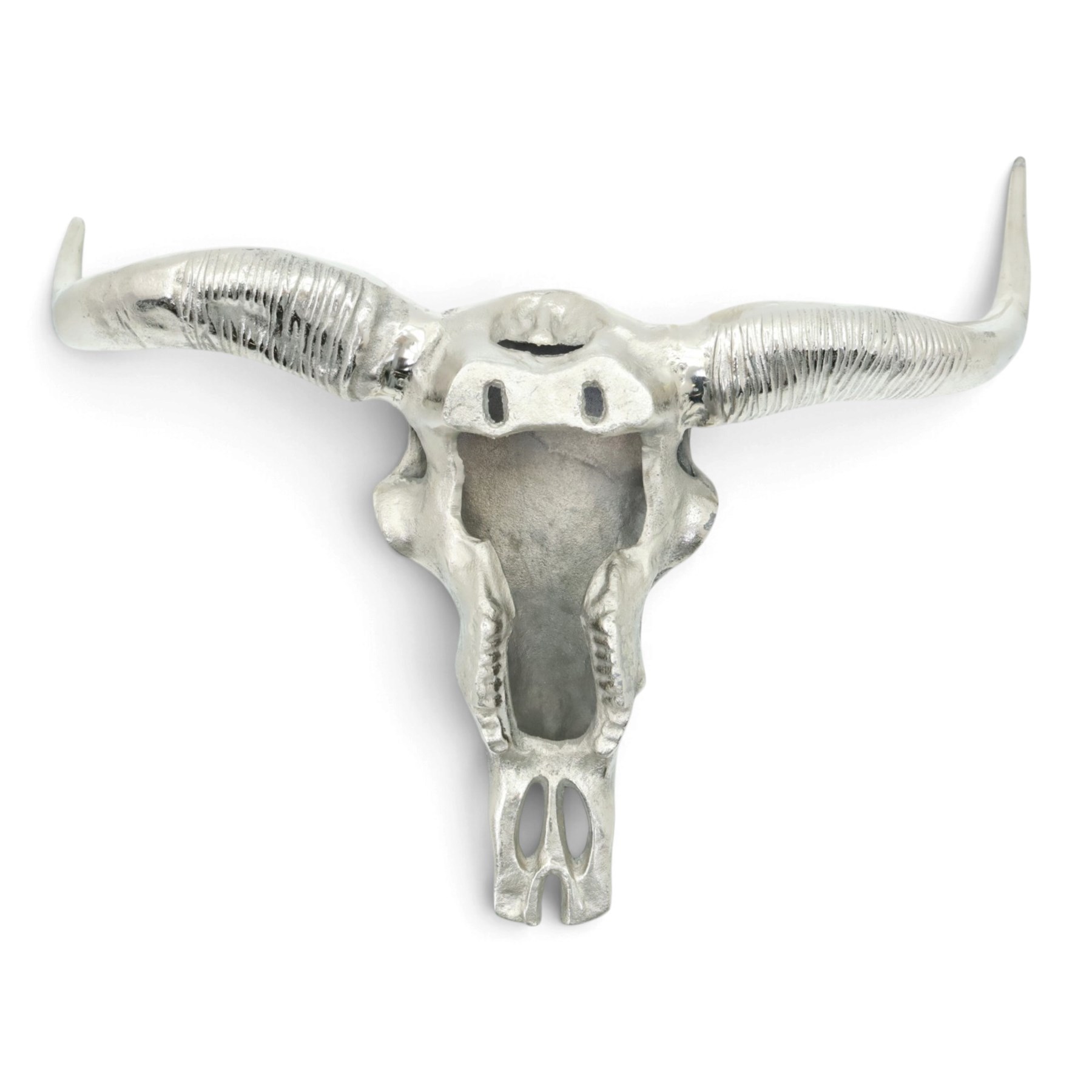 Contemporary cast metal bull skull wall ornament, polished silver finish with textured detailing and outstretched curved horns  