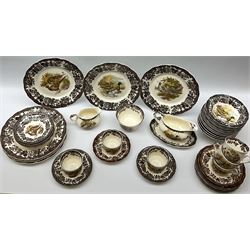 Royal Worcester Palissy Game Series pattern dinner wares, comprising seven dinner plates, six side plates, twelve bowls, sauce boat and stand, six tea cups, eight saucers, further larger saucer, milk jug, and open sucrier. 