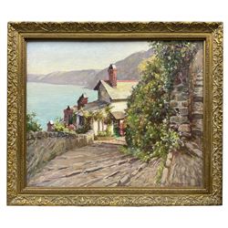 George Hall Neale (British 1863-1940): 'Clovelly - Up and Down Along', oil on board signed and dated 1919, original label verso 37cm x 45cm