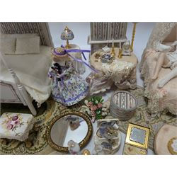 Dolls house bedroom and dressing room furniture, including beds, wardrobe, dressing table, lamps, tables, two figures and a collection of accessories