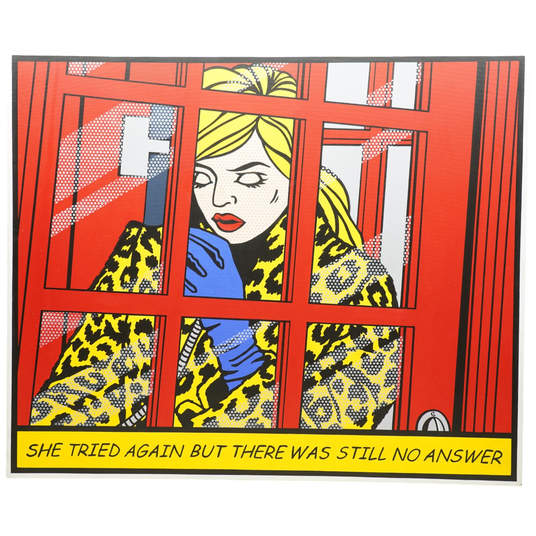 Judith Mellor (British Pop Art Contemporary): 'She Tried Again but there was still no reply', oil on canvas inscribed, signed and dated '06 verso 76cm x 92cm