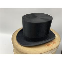 Top hat by Tress & Co London, in a  fitted leather leather case,  Top hat by Chapellerie Francaise. 