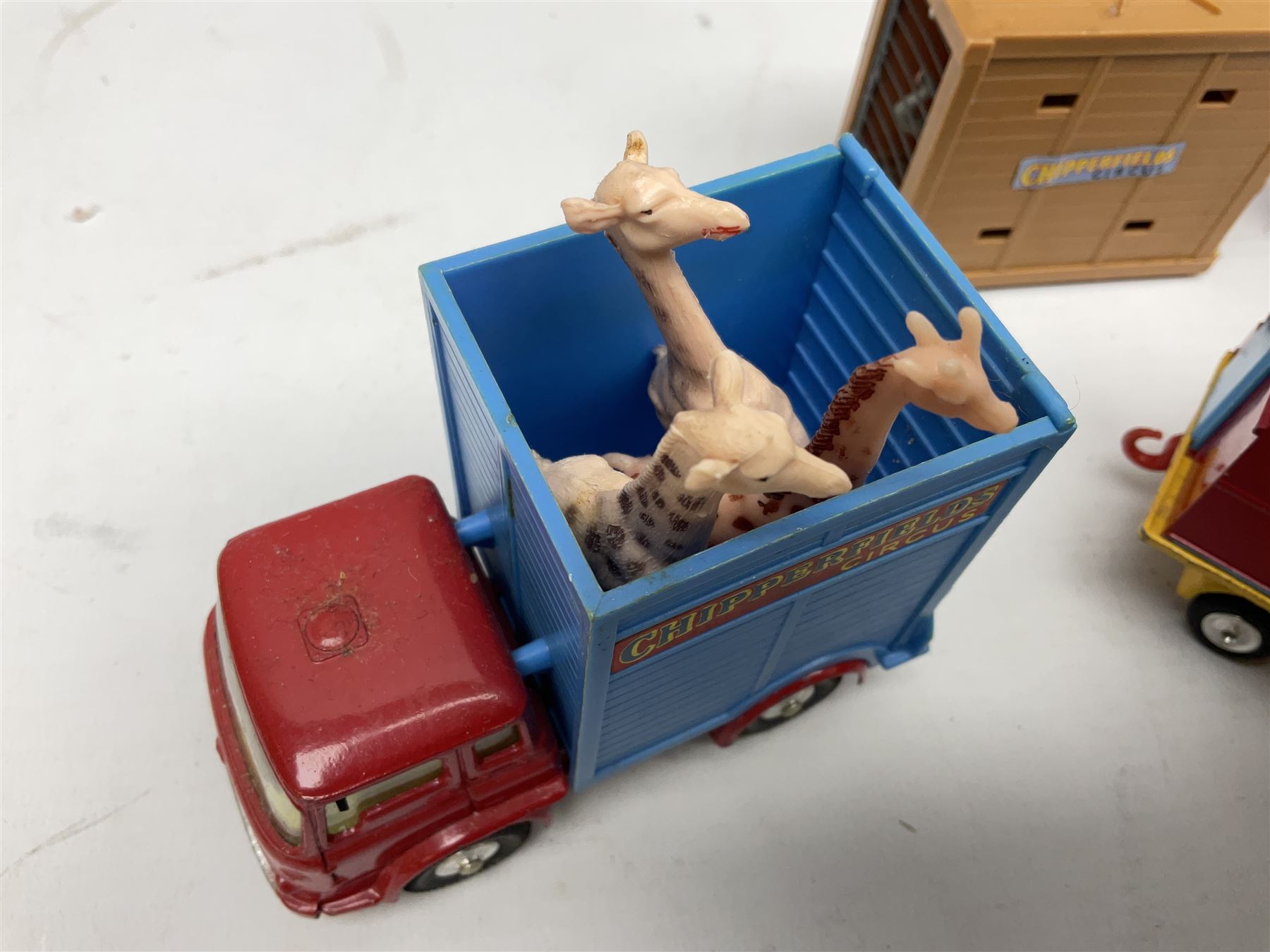 Corgi 'Chipperfields' - Gift Set 19 Land Rover with elephant cage on trailer containing elephant; No.1123 Circus Animal Cage with two Polar Bears; No.1130 Horse Transporter with five horses; No.503 Circus Giraffe Transporter with three giraffes; and No.1121 Crane Truck; all unboxed; together with two other models