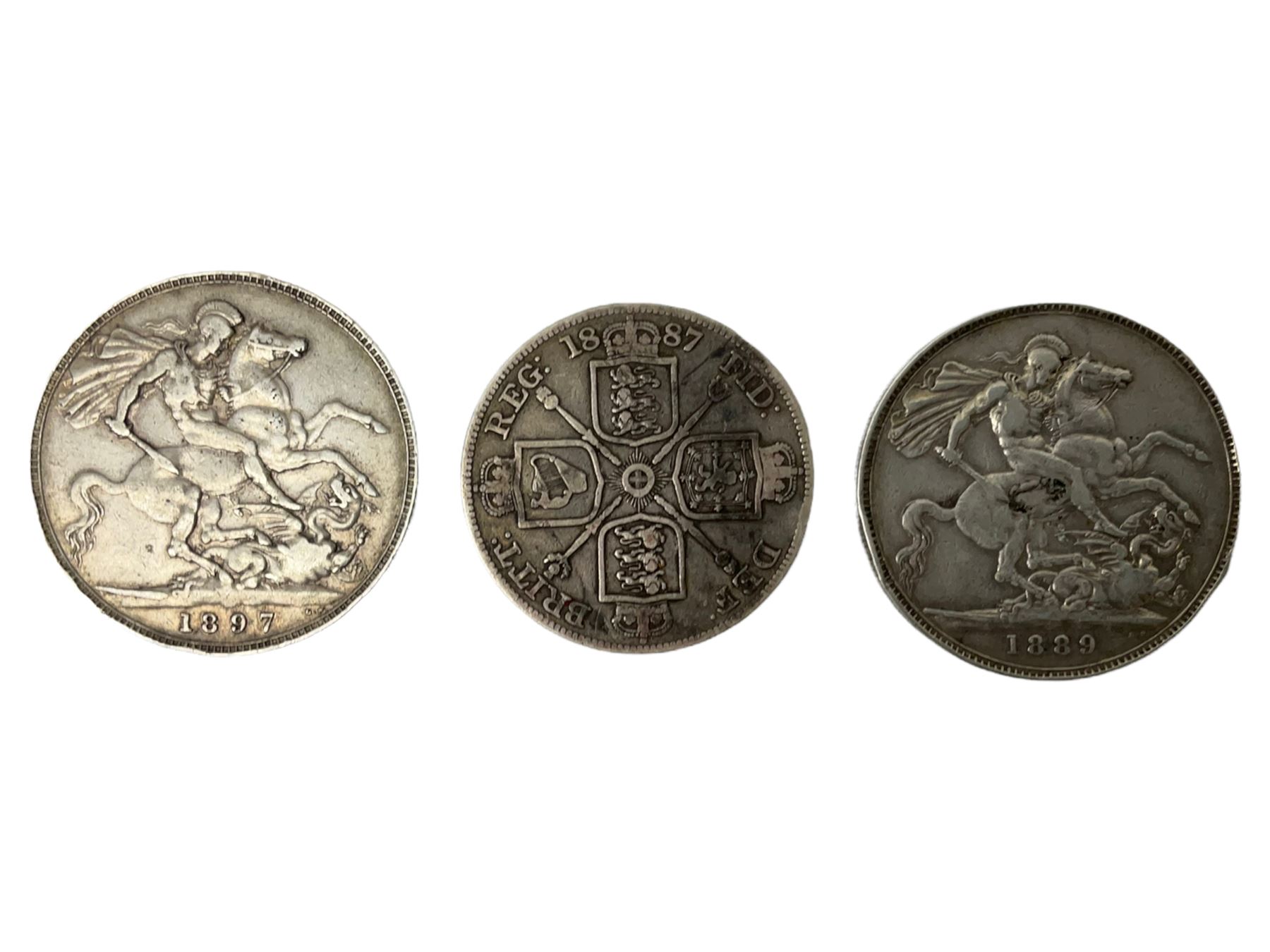 Queen Victoria 1889 and 1897 silver crown coins and 1887 double florin 