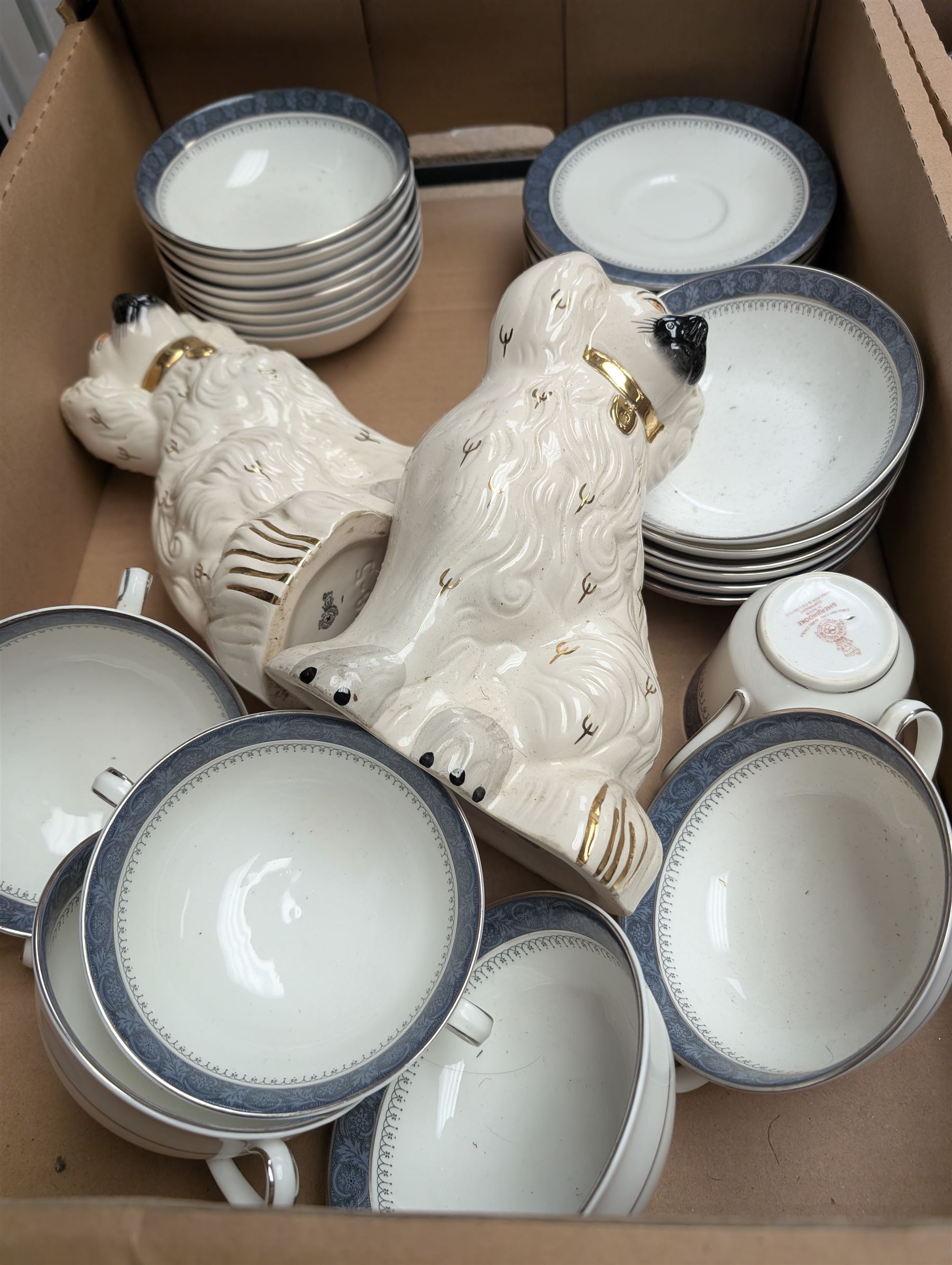Pair of Staffordshire style dogs and Royal Doulton Sherbrooke part tea and dinner service, in two boxes