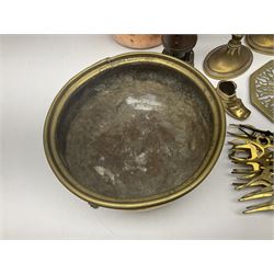 Collection of brassware, to include two jardinieres, candle sticks, brass shell, etc