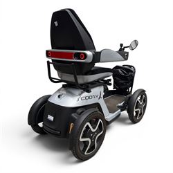 TGA Scoozy - mobility scooter, four wheel model with joystick controls, front storage bag, lights and grey and black bodywork.
