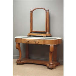  Victorian mahogany marble top washstand with single drawer on cabriole shaped supports joined by solid under tier (W123cm, H151cm, D56cm), and a Victorian mahogany dressing table mirror  