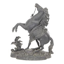 Three spelter Marley Horse figures, after Guillaume Coustou, each modelled as a rearing horse restrained by  groom, tallest H41cm