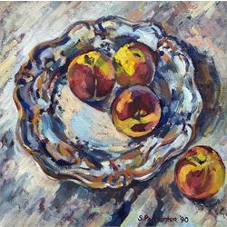 Susan Parmenter (British 1954-): Peaches on a Delft Plate, oil on canvas signed and dated ‘90, 35cm x 34cm 