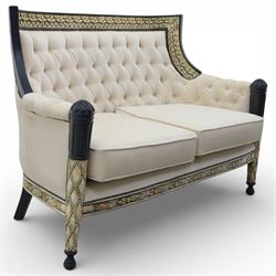 20th century Louis XVI style settee, upholstered in cream fabric with buttoned back and ar...