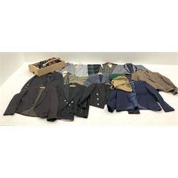 Vintage and later clothing including mess jackets, waistcoats, by various makers including 'Skopes', 'Saxon Hawk', 'Lincroft', 'Grendale' etc, belts including leather examples etc, in three boxes