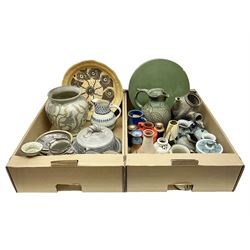 Studio pottery, including cake stand, jugs, vases and mugs, etc, in two boxes