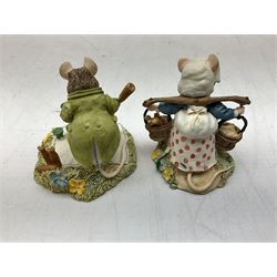 Four Classic Collectables Brambly Hedge figures, comprising Basil Pouring Drinks, Wilfred and Teasel Pushing Cart, Poppy Carry Pails and Mrs Apple, Wilfred and Basket, all boxed
