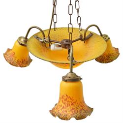 French Art Deco period Vianne glass three branch ceiling light fitting in mottled yellow, signed D35cm
