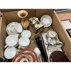 Old Tupton Ware floral decorated mantle clock, Wade Festival jug, Winsor tea wares and other ceramics, together with a collection of silver plate including blue glass lined salts, cutlery sets etc, two boxes 