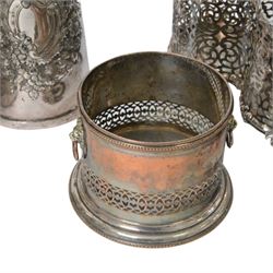 Silver plated twin handled bottle holder bottle, together with another bottle coaster and other plated items