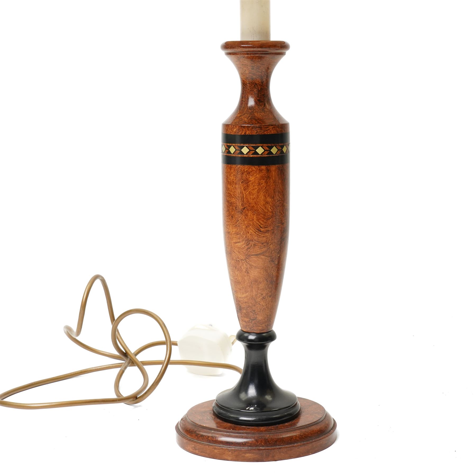 Pair of walnut scumbled pine table lamps, the cream shades with a band of stencilled Scottish Terriers, including shades H58cm (2)