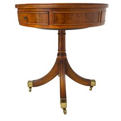 Wade - Georgian design yew wood drum side table, banded circular top with reeded edge, fitted with single cock-beaded drawer, raised on turned pedestal with splayed supports and castors