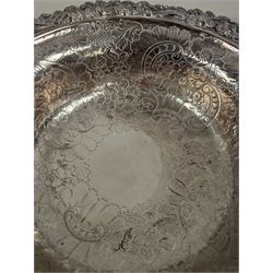 Silver plated bowl, with engraved decoration and cast rim, two silver plated baskets and a pierced tray