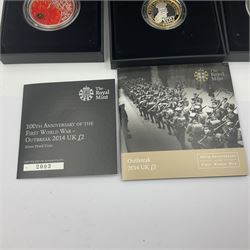 Three The Royal Mint silver proof coins, comprising Alderney 2012 'Remembrance Day' five pounds, Alderney 2013 'Remembrance Day' five pounds and United Kingdom 2014 'Outbreak' two pounds, all cased with certificates