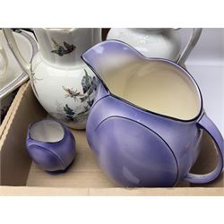 Royal Winton Art Deco style wash jug and bowl, in geometric purple design, together with two other large wash jugs with bowls and other similar ceramics, in three boxes 