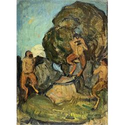 Circle of Ker-Xavier Roussel (French 1867-1944): Fauns in the Forest, oil on canvas laid on to panel indistinctly signed 22cm x 16cm (unframed)
