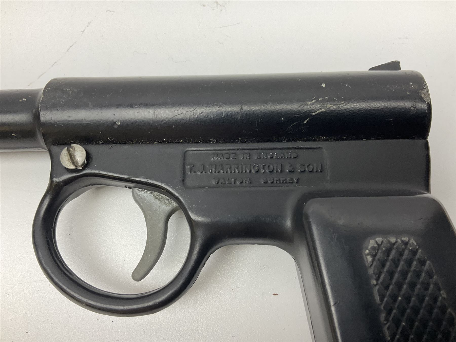 Webley & Scott Premier .177 over lever air pistol, no.2360, with chequered bakelite grip L24cm overall; Diana SP50 .177 plunge barrel air pistol; and T.J. Harrington & Son 'The Gat' .177 plunge barrel air pistol; NB: AGE RESTRICTIONS APPLY TO THE PURCHASE OF THIS LOT (3)