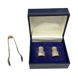 Pair of miniature hallmarked silver cruets, in fitted box, together with a pair of hallmarked silver sugar tongs, approximate total silver weight 38 grams