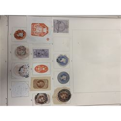 Great British and World stamps including two Queen Victoria penny black stamps, both with black MX cancels, King George V seahorse stamp,  World stamps including Austria, Belgium, Cyprus, Finland, France, Gibraltar, Italy, Hong Kong etc, in two albums and loose and a small number of mixed coins