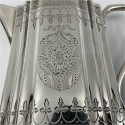 Victorian three-piece silver tea service, comprising teapot, twin handled open sucrier and milk jug, of oval form with shaped rim and C handles, each engraved with crests and bands of strapwork decoration, the milk jug and sucrier with gilt interiors, hallmarked Josiah Williams & Co, Exeter 1881, the teapot with ivory insulators and finial, all contained with a tooled leather, blue silk and velvet lined fitted case, retailed by West & Sun, Dublin 
This item has been registered for sale under Section 10 of the APHA Ivory Act