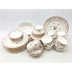  A Wedgwood Bianca Williamsburg part dinner service, comprising dinner plates, dessert plates, side plates, tea cups, saucers, a tureen and six soup bowls and saucers.   