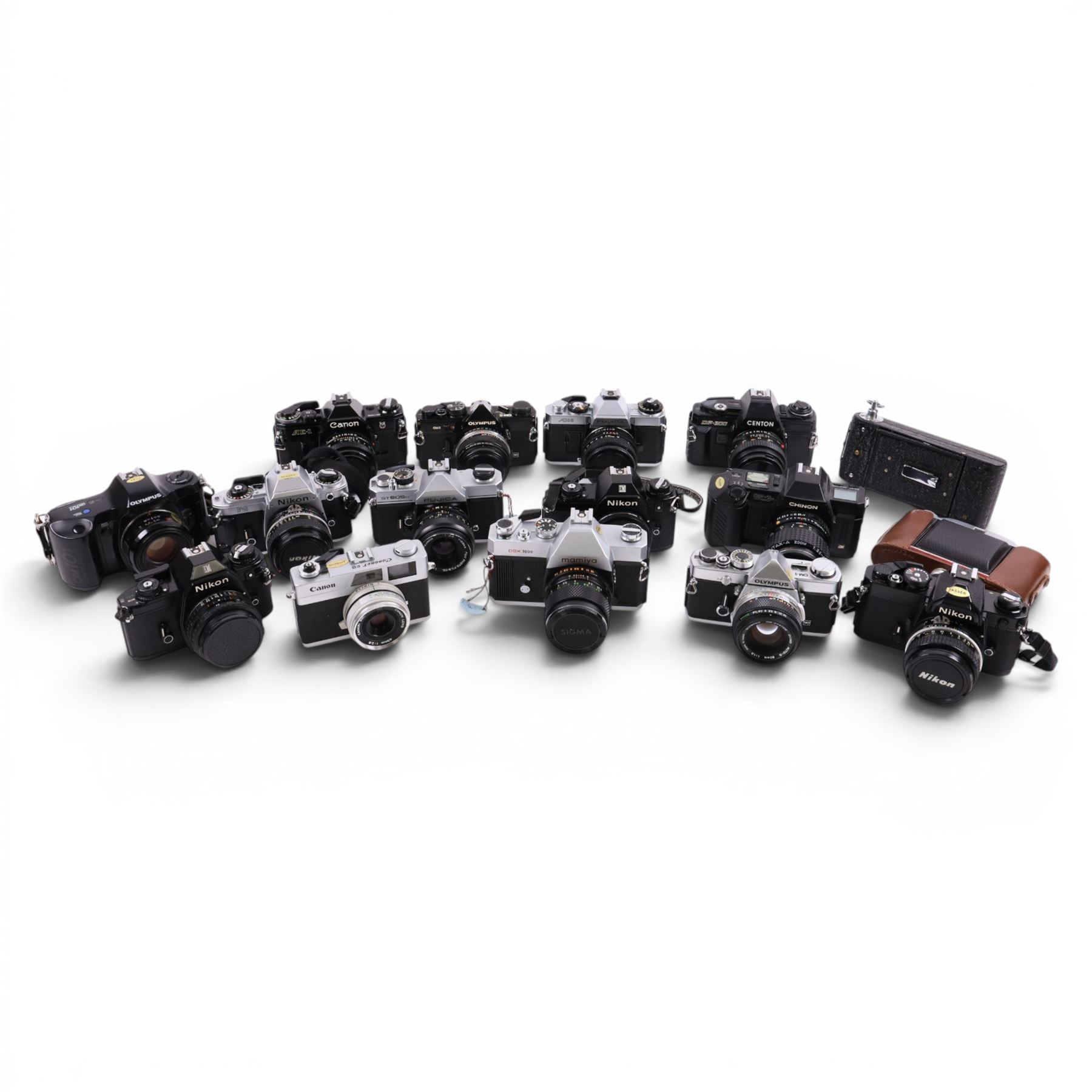 Collection of cameras, Nikon EM, Fujica ST605, Olymous OM2, etc