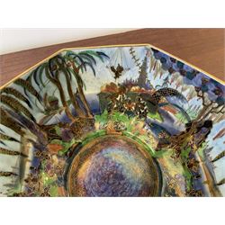 Early 20th century Wedgwood Fairland lustre bowl, circa 1920, of octagonal form, designed by Daisy Makeig-Jones, the exterior decorated in the Castle on the Road pattern, the interior decorated in the Fairy in a Cage pattern, pattern no Z5125, with printed marks beneath, H11cm D22.5cm
