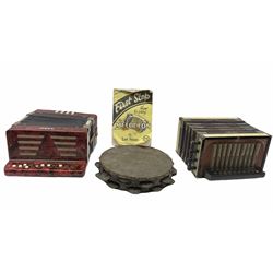20th century German accordion by Geer Ludwig, together with a Meteor accordion, The First Steps How to play the Melodeon or Accordion sheet music, and a tambourine.  