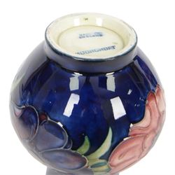 Moorcroft pansy pattern vase, of baluster form, together with Anemone pattern vase and dish, all with impressed marks beneath, pansy vase H16cm 