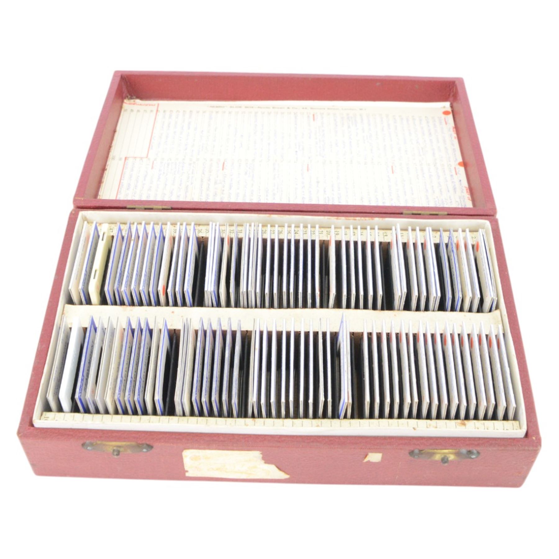 Four Nebro slide boxes containing a collection of photographic slides depicting landmarks, building interiors, train stations, etc, together with a Focal Point Filmstrips Century Series Visula Stimulation part 1 slide set, boxed