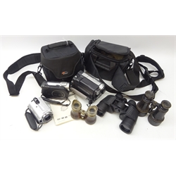  Three Sony handycam digital video camera recorders, two soft carry cases incl. Lowepro, pair Vista 8x40 binoculars and two 19th century binoculars   