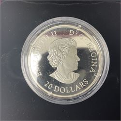 Five Royal Canadian Mint fine silver twenty dollar coins, comprising 2016 'The Universe Glow-in-the-Dark Glass with Opal', two 2018 'Her Majesty Queen Elizabeth II's Maple Leaves Brooch', 2019 'Lest We Forget' and 2022 'Canada's Unexplained Phenomena The Yukon Encounter', all cased with certificates