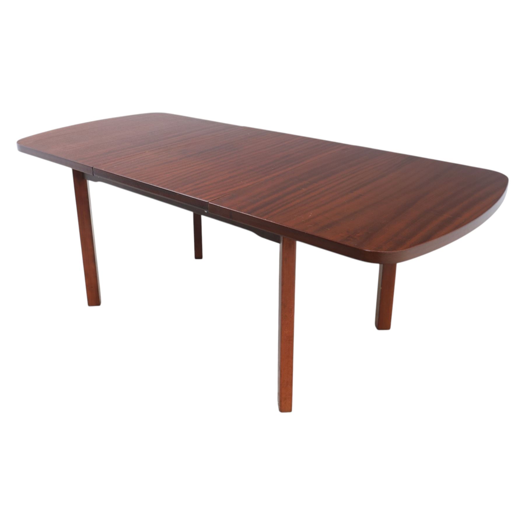 Mid-20th century mahogany extending dining table, with additional leaf, raised on square legs
