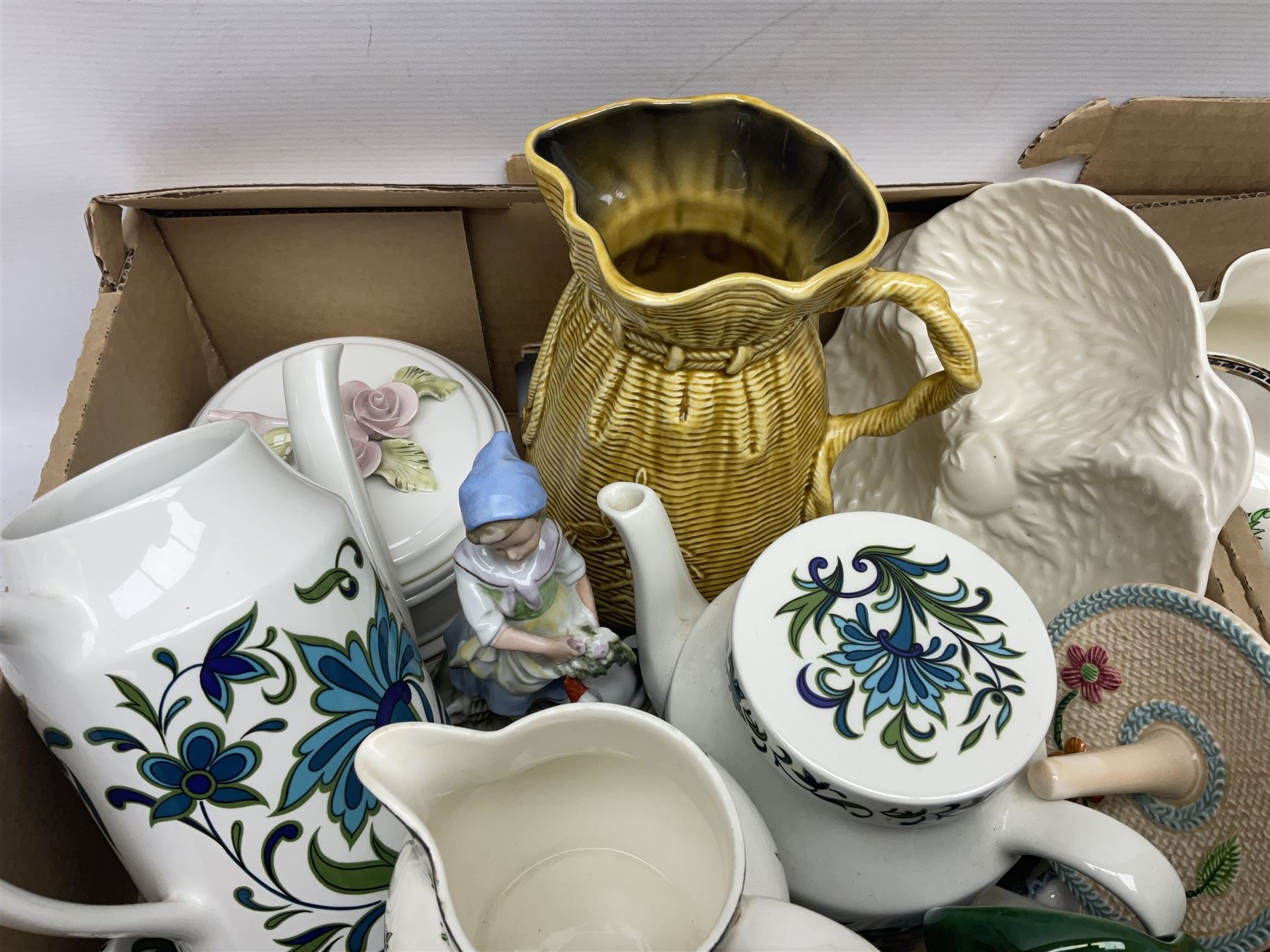 Wedgwood and Coalport 'Countryware' pattern ceramics, to include teapot, toast rack, napkin rings, jug, oval dish, sauce boat and saucer, etc, together with other ceramics to include Hornsea Fauna vase, Sylvac Apple Blossom pattern bowl, Sylvac jug in the form of a sack, no. 406, two Nao figures, tea wares, silver plated cutlery etc
