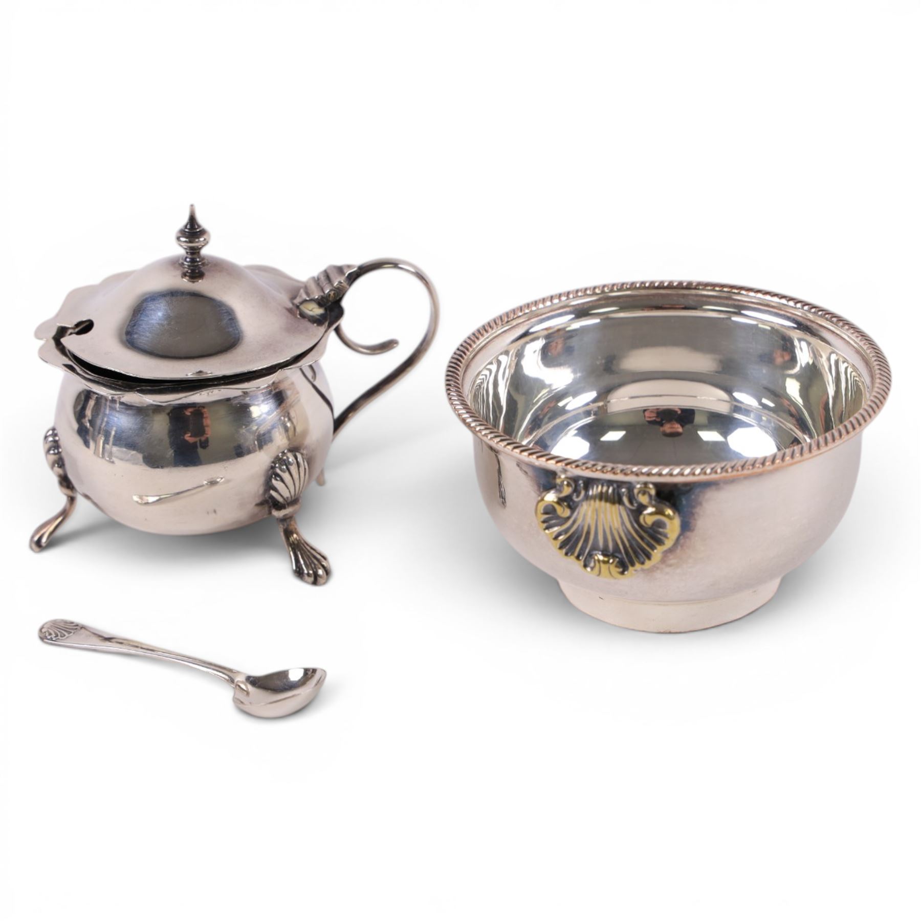 Silver mustard pot and spoon, both hallmarked, together with a silver plated trophy, wine funnel and bell