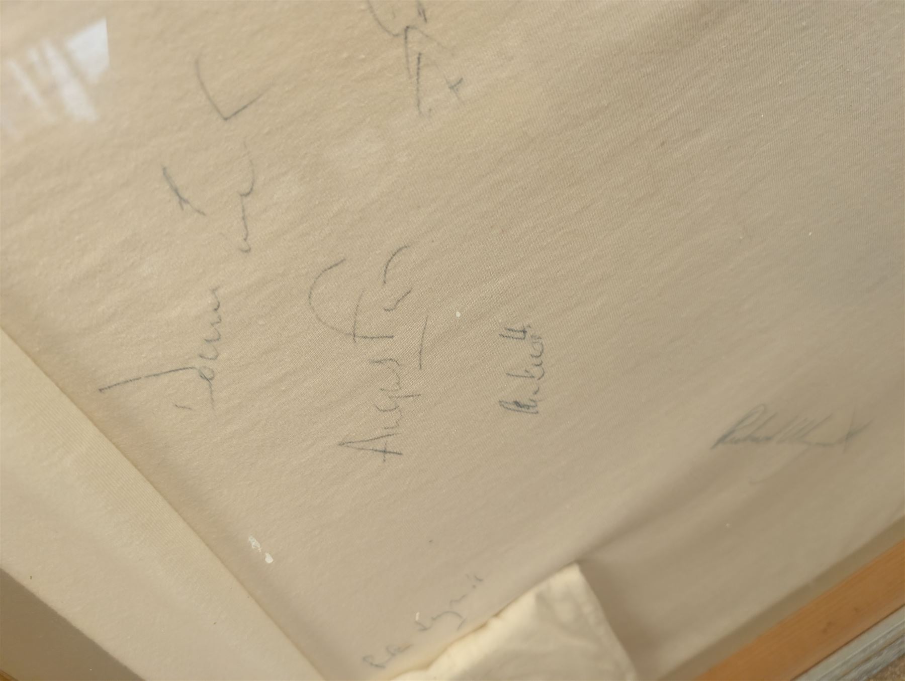 Cricket memorabilia: signed cricket bat from John Childs Benefit year 1994, and two framed England cricket shirts both with signatures, largest frame H95cm